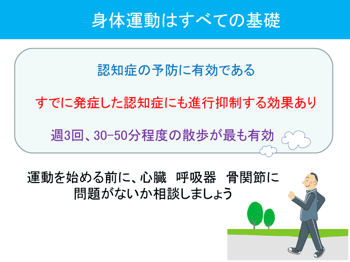 「身体運動はすべての基礎」1.認知症の予防にも有効である。2.すでに発症した認知症にも進行抑制する効果あり。3.週3回、30から50分程度の散歩が最も有効。運動を始める前に、心臓・呼吸器・骨関節に問題がないか相談しましょう。
