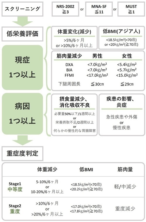 スクリーニング（NRS-2002が3以下またはMNA-SFが11以下もしくはMUSTが1以下）の場合は低栄養評価。うち次の現症1つ以上の場合重症度判定「体重変化(減少)5%未満/6ヶ月または10%未満/6ヶ月以上」「低BMI(アジア人)18.5kg/m2以下(70歳未満)または20kg/m2未満(70歳以上)」「筋肉量減少　(男性)DXA7.0kg/m2未満、BIA7.0kg/m2未満、FFMI17.0kg/m2未満、下腿周囲長30cm以下(女性)DXA5.4kg/m2未満、BIA5.7kg/m2未満、FFMI15.0kg/m2未満、下腿周囲長29cm以下」。うち次の病因1つ以上の場合重症度判定「摂食量減少、消化吸収不良必要量50%以下/1週間以上または栄養摂取不足/2週間以上もしくは何らかの慢性的な胃腸障害」「(疾患の影響、炎症)急性疾患や外傷または慢性疾患」