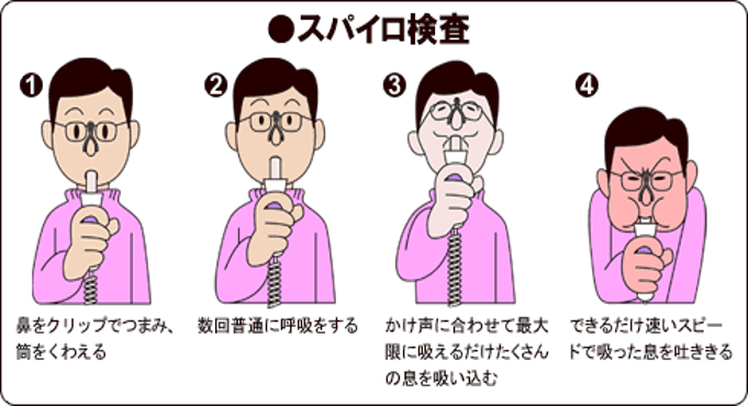 スパイロ検査：１．鼻をクリップでつまみ、筒をくわえる。２．数回普通に呼吸をする。３．かけ声に合わせて最大限に吸えるだけたくさんの息を吸い込む。４．できるだけ速いスピードで吸った息を吐ききる。