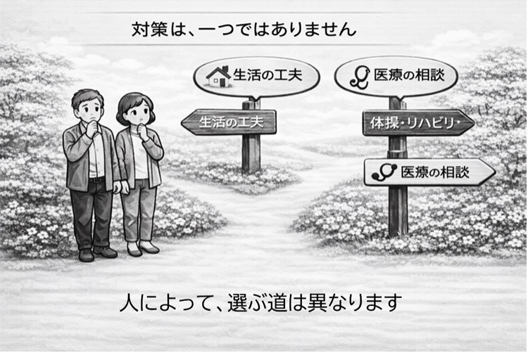 対策は、ひとつではありません。生活の工夫、医療の相談、体操・リハビリテーション。人によって、選ぶ道は異なります。