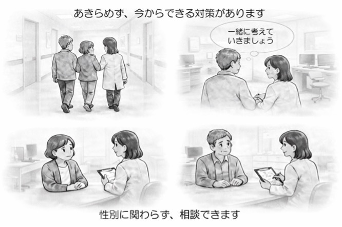 あきらめず、今からできる対策があります。性別にかかわらず、相談できます。一緒に考えていきましょう。
