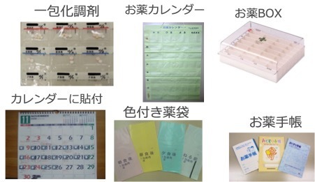 薬の管理方法の工夫例を示した写真。上段左から一包化調剤、お薬カレンダー、お薬BOX、下段左からカレンダーへの貼付方法、色付き薬袋、お薬手帳が掲載されている。
