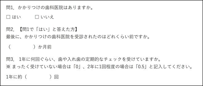 問１．かかりつけの歯科医院はありますか。[はい/いいえ]問２．【問１で「はい」と答えた方】最後に、かかりつけの歯科医院を受診されたのはどれくらい前ですか。[○○ヶ月前]問３．1年に何回くらい、歯や入れ歯の定期的なチェックを受けていますか。※全く受けていない場合は「0」、2年に1回程度の場合は「0.5」と記入してください。[1年に約○○回]
