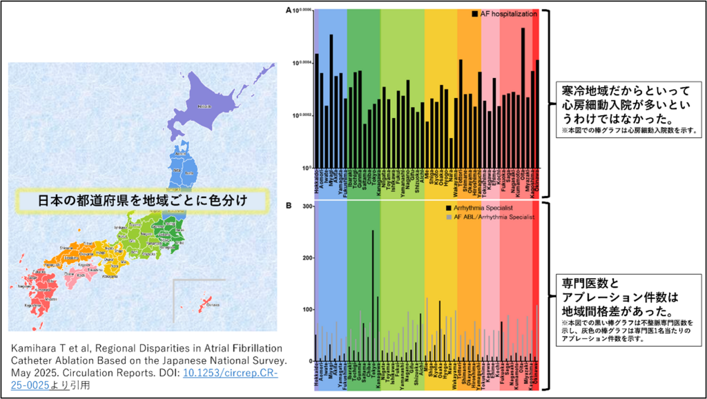 日本の都道府県を地域毎に色分けした棒グラフ。寒冷地だからといって心房細動入院が多いというわけではなかった。専門医数とアブレーション件数は地域間格差があった。