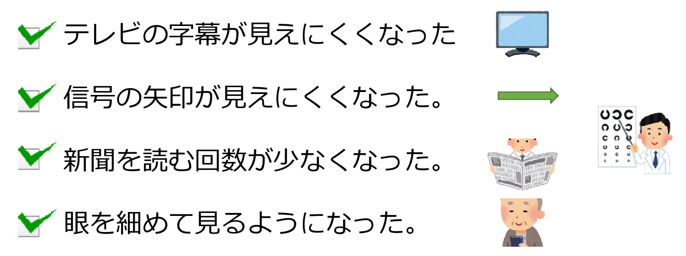 視力低下により現れる症状一覧。テレビの字幕が見えにくくなった。信号の矢印が見えにくくなった。新聞を読む回数が少なくなった。目を細めて見るようになった。