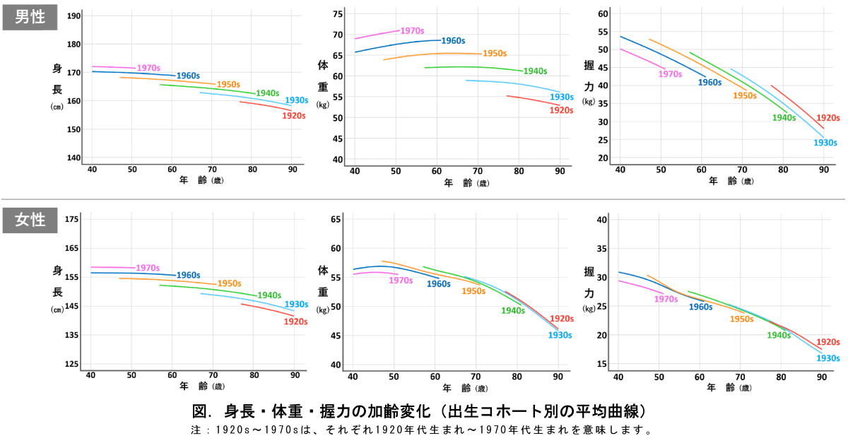 図．身長・体重・握力の加齢変化（出生コホート別の平均曲線）。上段に男性の変化、下段に女性の変化を示しており、いずれのグラフも加齢により値が低くなることを示している。