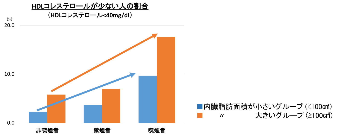 非喫煙者、禁煙者、喫煙者それぞれで、HDLコレステロールが少ない人の割合を内臓脂肪面積が小さいグループと内臓脂肪面積が大きいグループで比較した図。