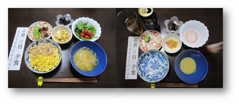 食事調査で調査対象者が撮影した、ある日の夕食を食べる前と後のお膳の写真。