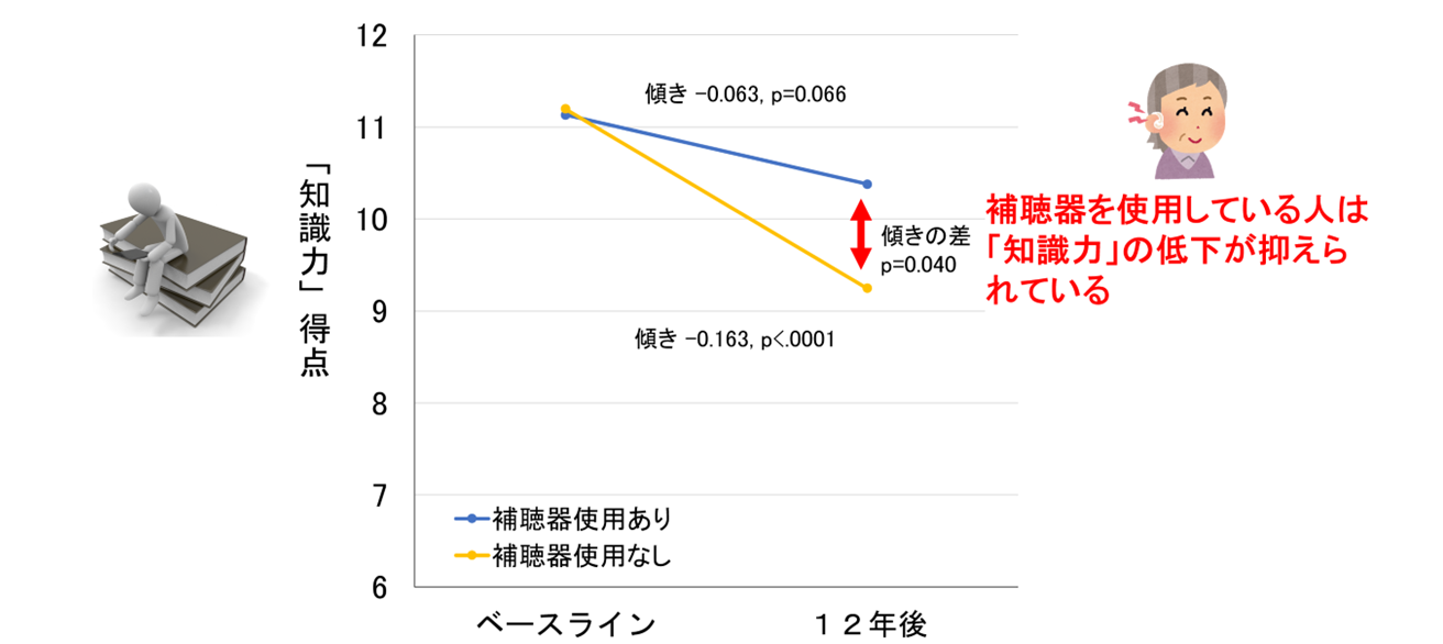 補聴器使用ありのグループと補聴器使用なしのグループそれぞれの12年後の知識力得点の変化を示した図。補聴器を使用している人の知識力の低下が抑えられていることが示されている。