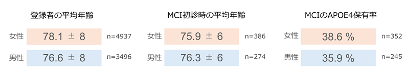登録者の平均年齢(女性78.1歳、男性76.6歳)、MCI初診時の平均年齢(女性75.9歳、男性76.3歳)、MCIのAPOE4保有率(女性38.6%、男性35.9%)