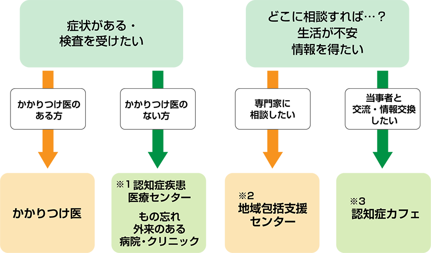 症状がある・検査を受けたい場合、かかりつけ医のある方は、かかりつけ医に相談しましょう。かかりつけ医のない方は、認知症疾患医療センター、またはもの忘れ外来のある病院・クリニックに相談しましょう。どこに相談するかわからない方、生活が不安な方、情報を得たい方の中で、専門家に相談したい場合は、地域包括支援センターに相談しましょう。当事者と交流・情報交換したい場合、認知症カフェがあります。