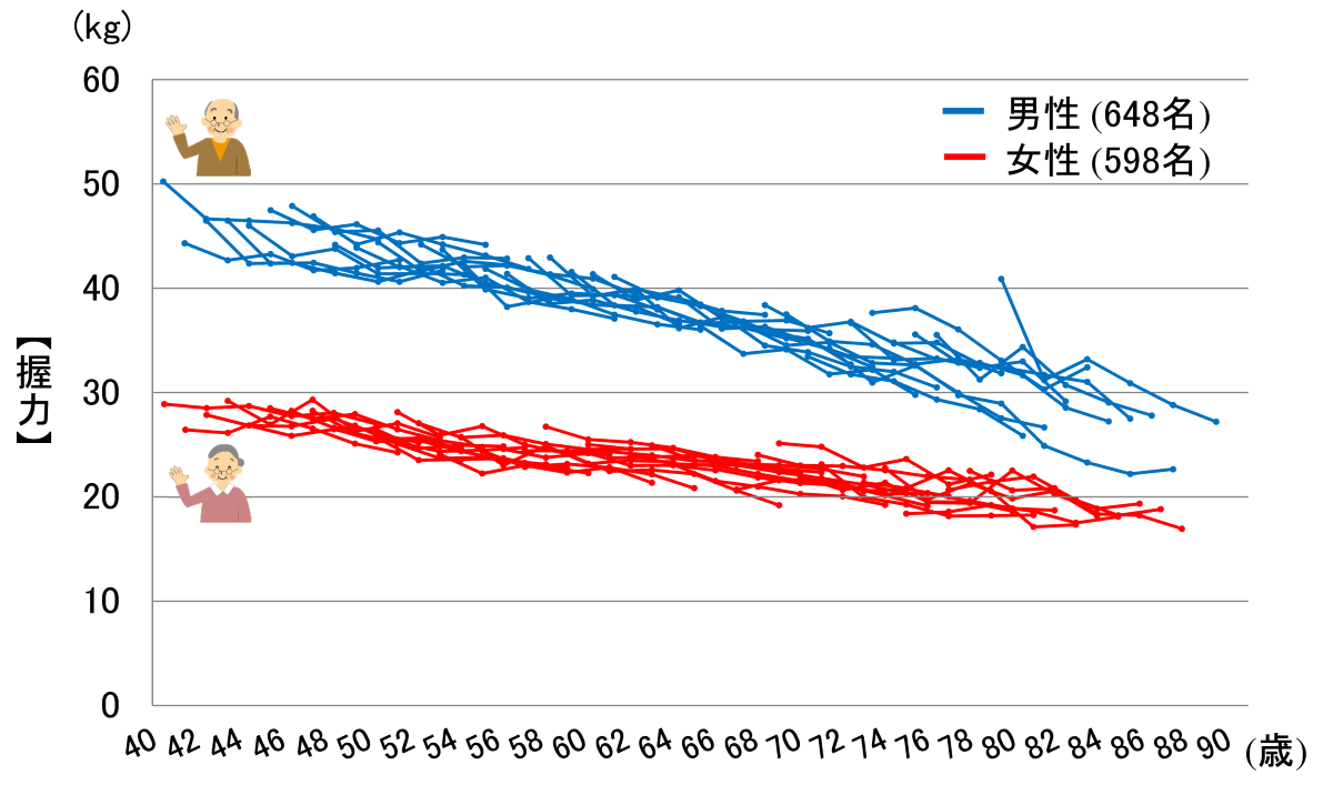 男性648名、女性598名それぞれの握力の10年間の変化を示したグラフ