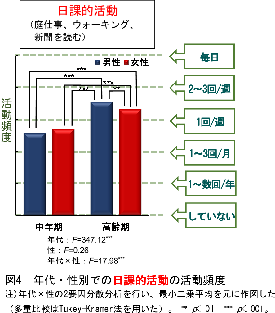 図4:年代(中年期および高齢期)、性別に日課的活動の活動頻度を示した図。活動頻度は、毎日、週2~3回、週1回、毎月1~3回、年に1~数回、していない、に分類されている。