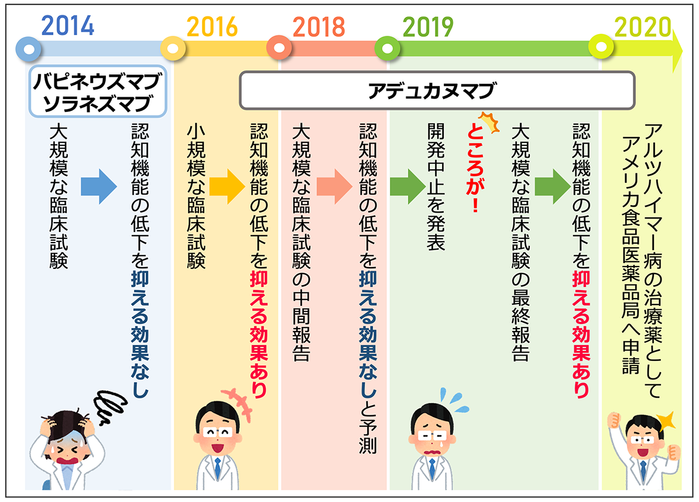 バピネウズマブやソラネズマブは臨床試験で効果が認められなかった。アデュカヌマブも臨床試験の途中に行った解析で効果が認められず，臨床試験の中止が発表された。しかしその後に集まったデータの再解析から，高用量で効果が認められる可能性があることが分かった。