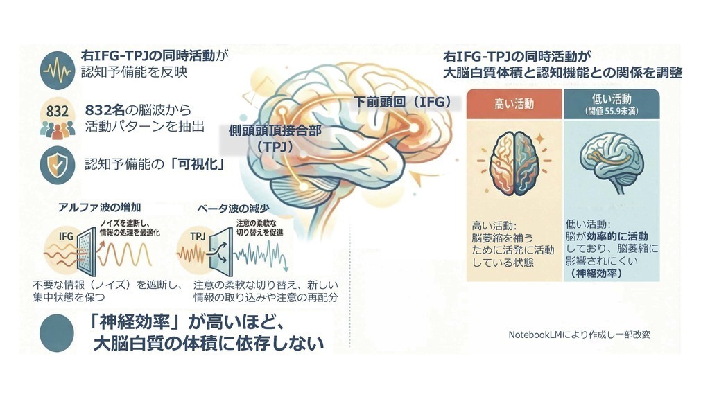 脳内の「右IFG（下前頭回）-TPJ（側頭頭頂接合部）」を中心としたネットワーク機能が、加齢による認知機能低下を抑える可能性が示唆されました