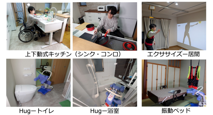 チャレンジハウス、キッチンシンク・コンロ上下動式の様子、居間でエクササイズをする様子、トイレ・浴室での移乗ロボットHUGの利用の様子、寝室で振動ベッドを使用する様子の写真